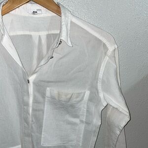 Helmut Lang XS White Sheer Button Shirt Minimalist Designer Gauze Texture Top